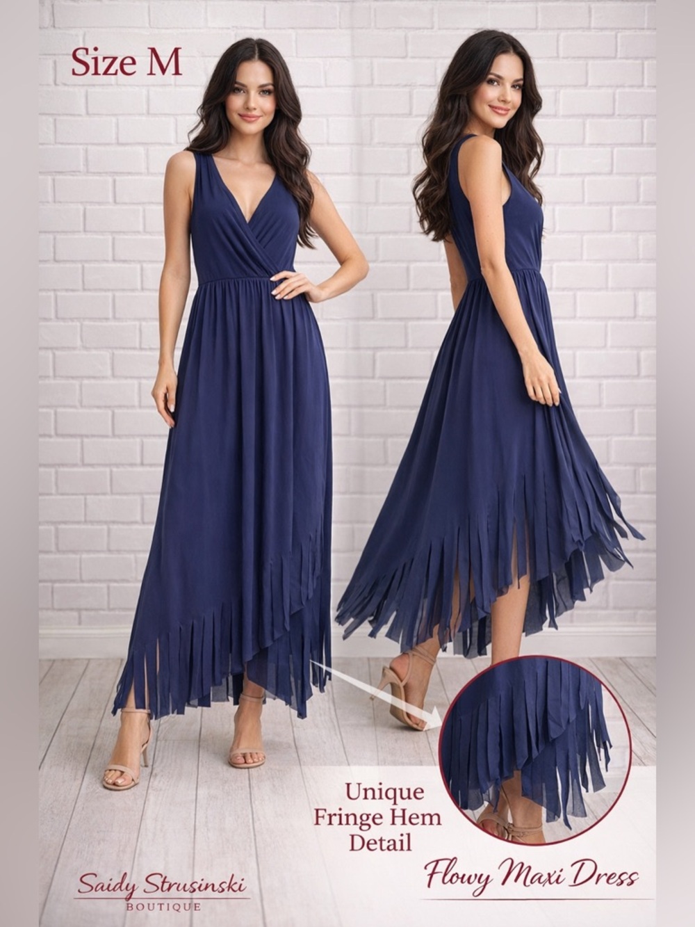LOVE SCARLETT Navy Blue Flowy Maxi Dress Fringe Hem Size M Elegant Wrap V-Neck